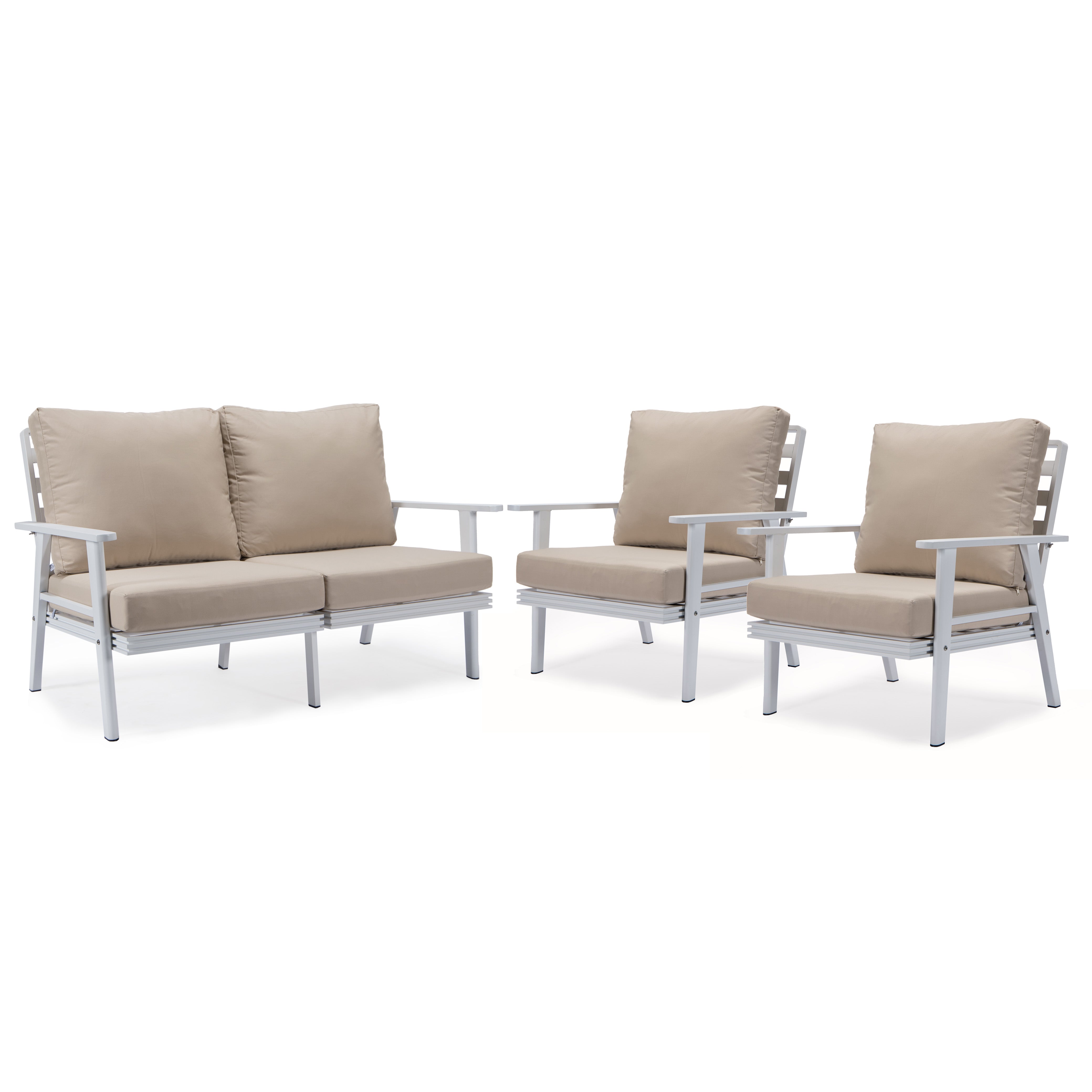 Walbrooke Modern 3-Piece Outdoor Patio Set with White Aluminum Frame and Removable Cushions Loveseat and Armchairs for Patio and Backyard Garden