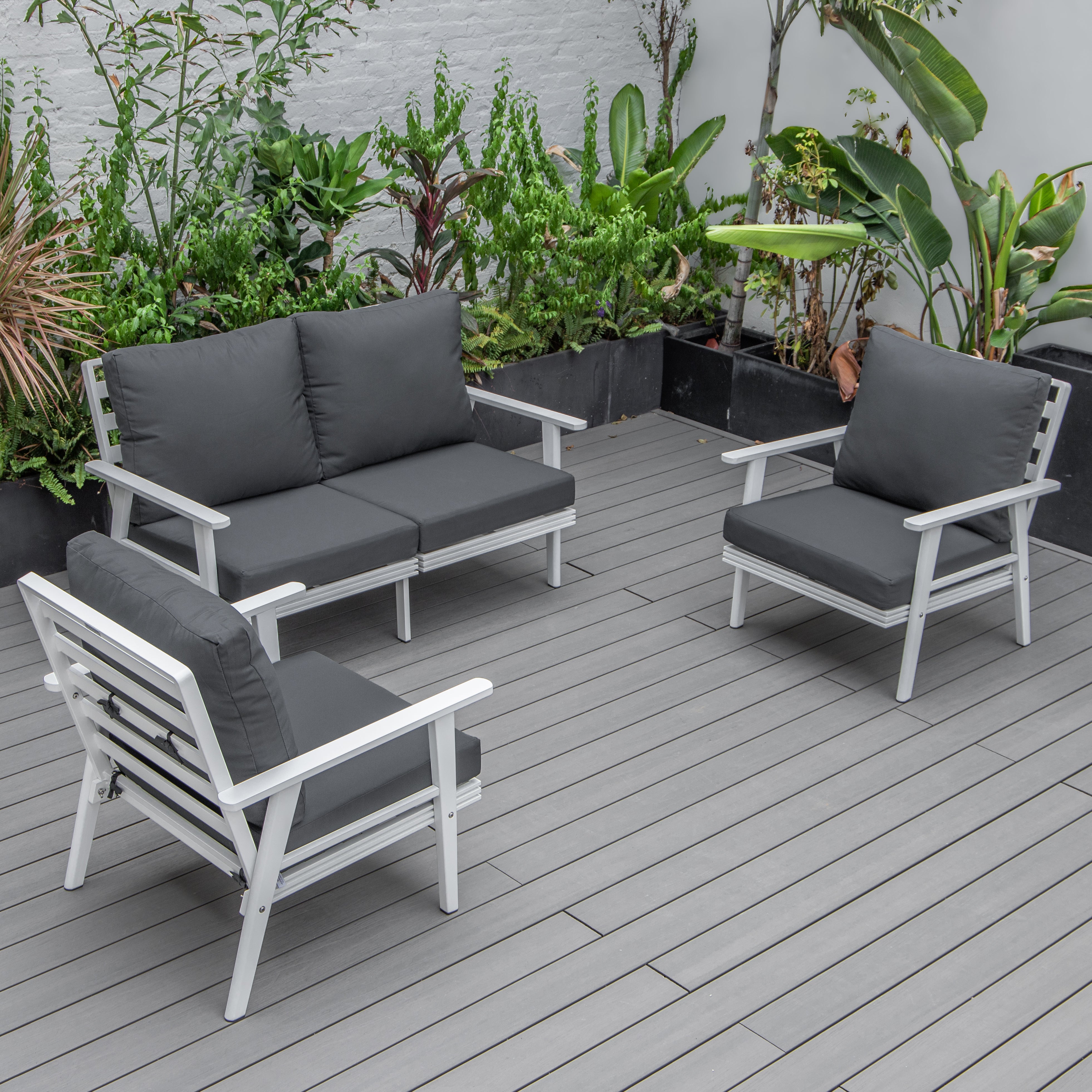 Walbrooke Modern 3-Piece Outdoor Patio Set with White Aluminum Frame and Removable Cushions Loveseat and Armchairs for Patio and Backyard Garden