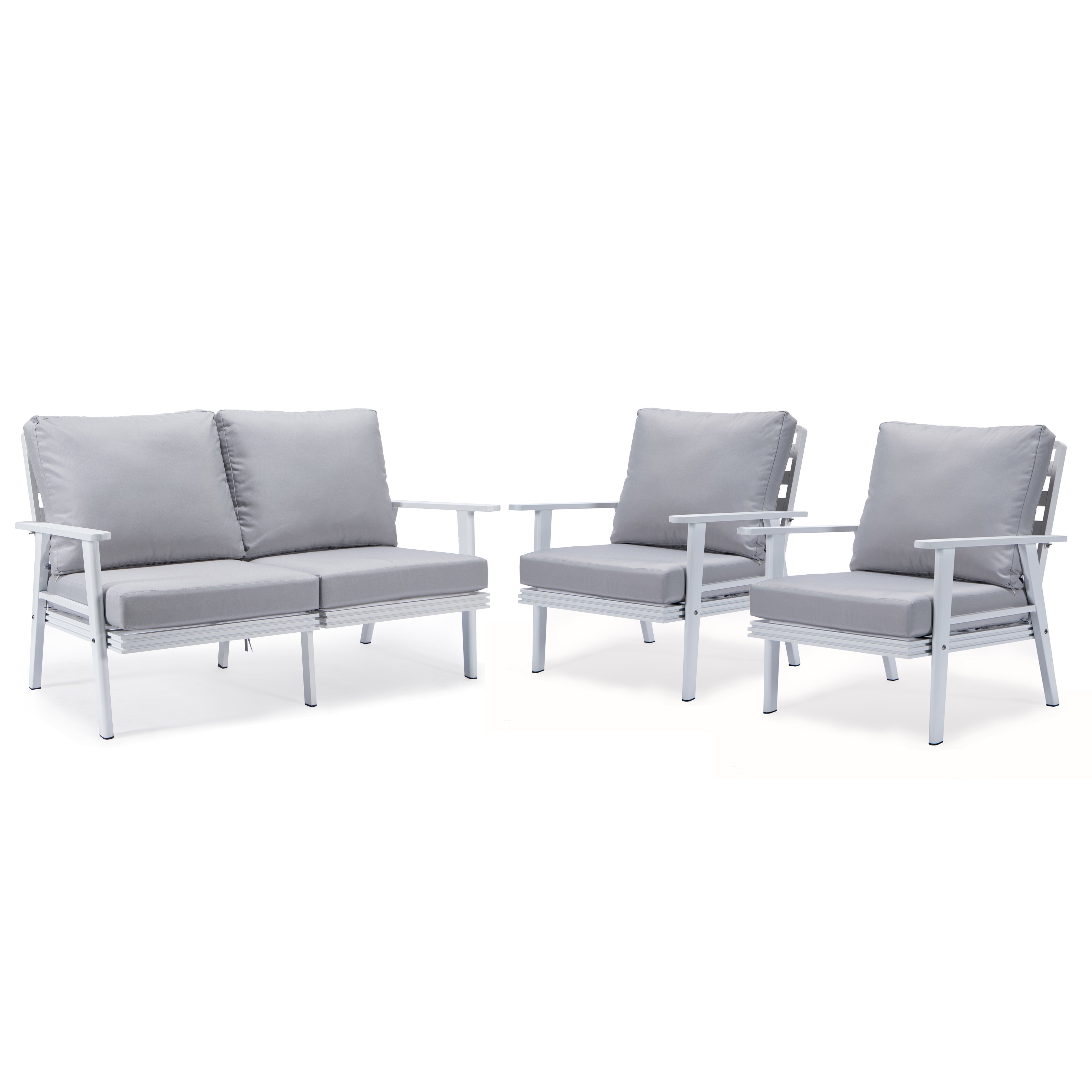 Walbrooke Modern 3-Piece Outdoor Patio Set with White Aluminum Frame and Removable Cushions Loveseat and Armchairs for Patio and Backyard Garden