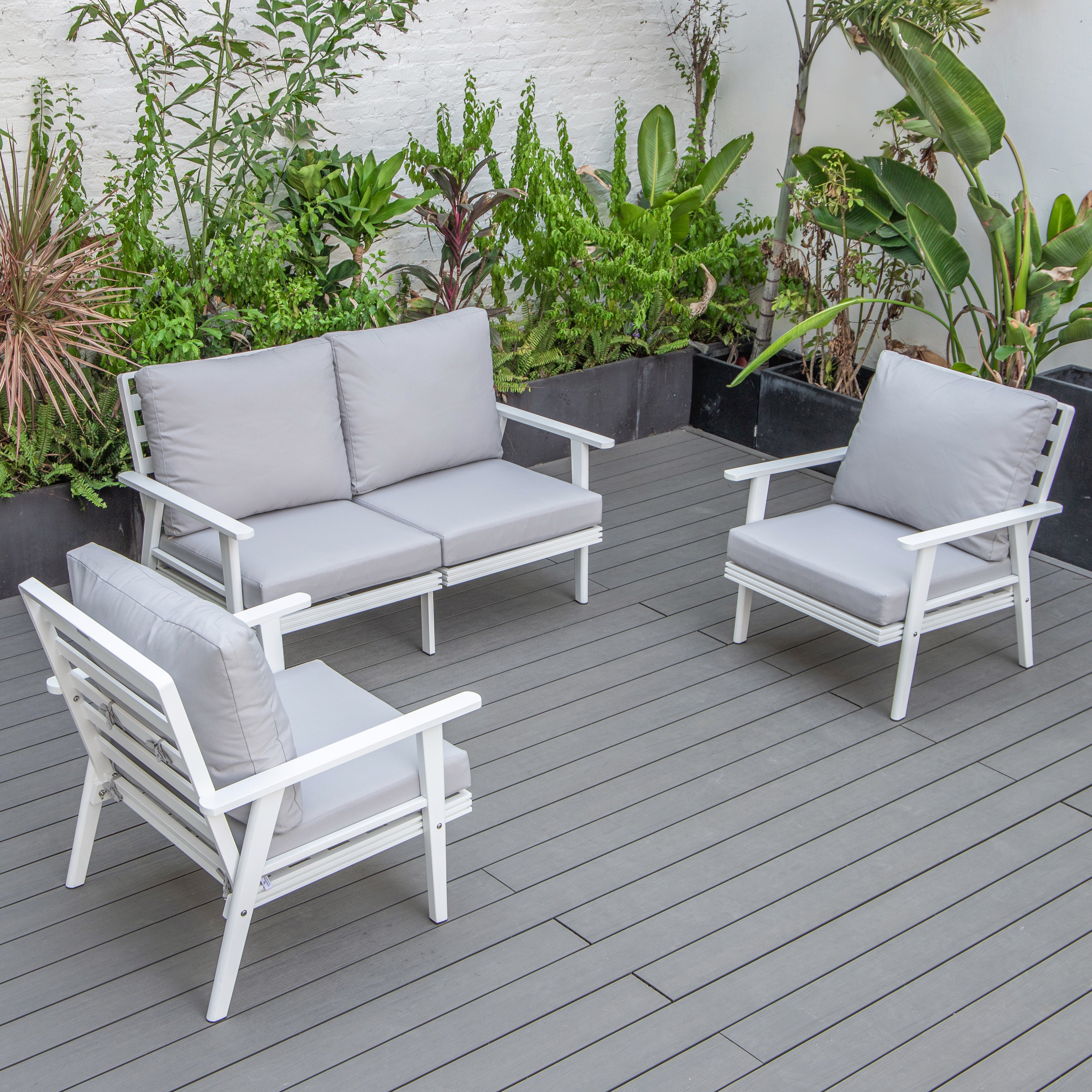 Walbrooke Modern 3-Piece Outdoor Patio Set with White Aluminum Frame and Removable Cushions Loveseat and Armchairs for Patio and Backyard Garden