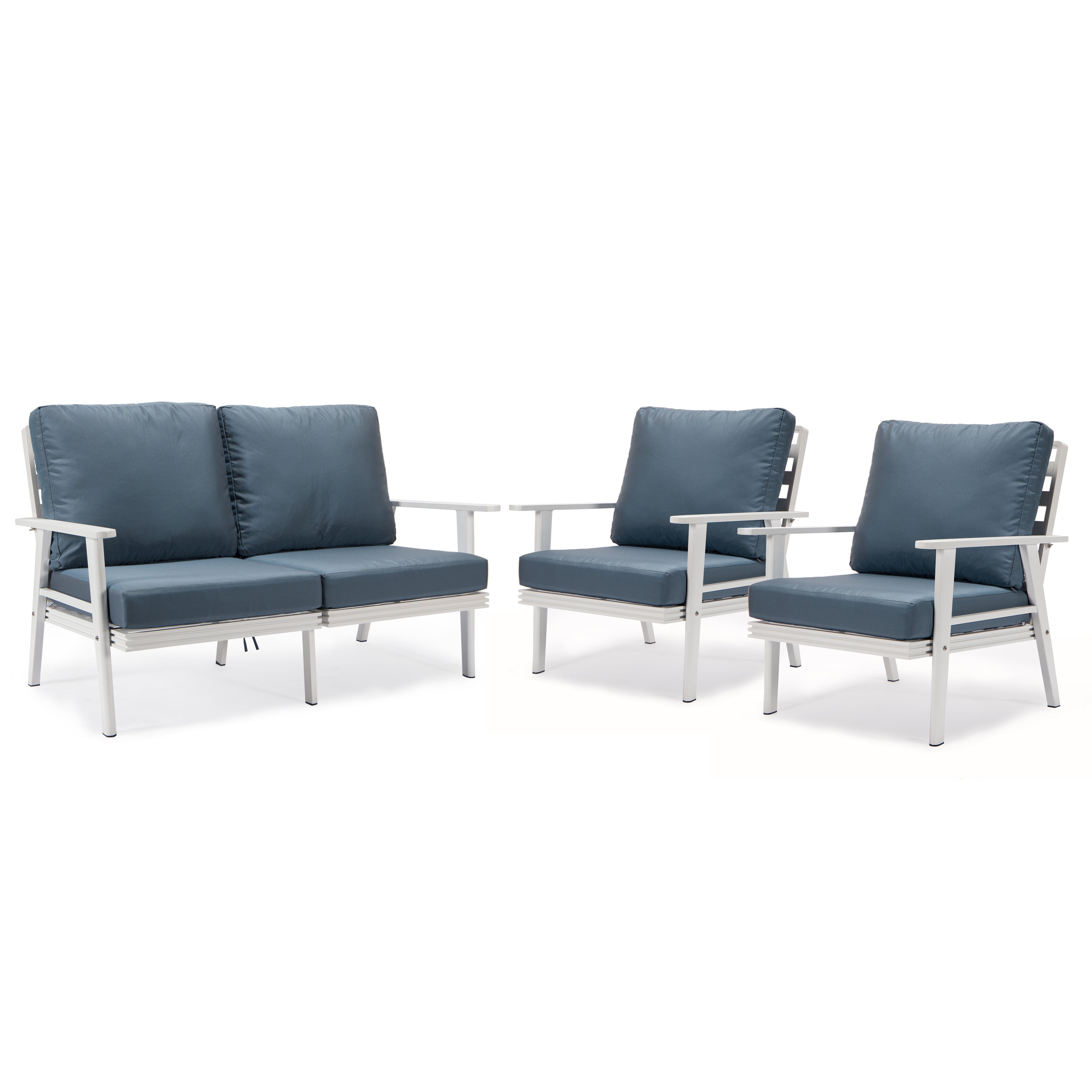 Walbrooke Modern 3-Piece Outdoor Patio Set with White Aluminum Frame and Removable Cushions Loveseat and Armchairs for Patio and Backyard Garden