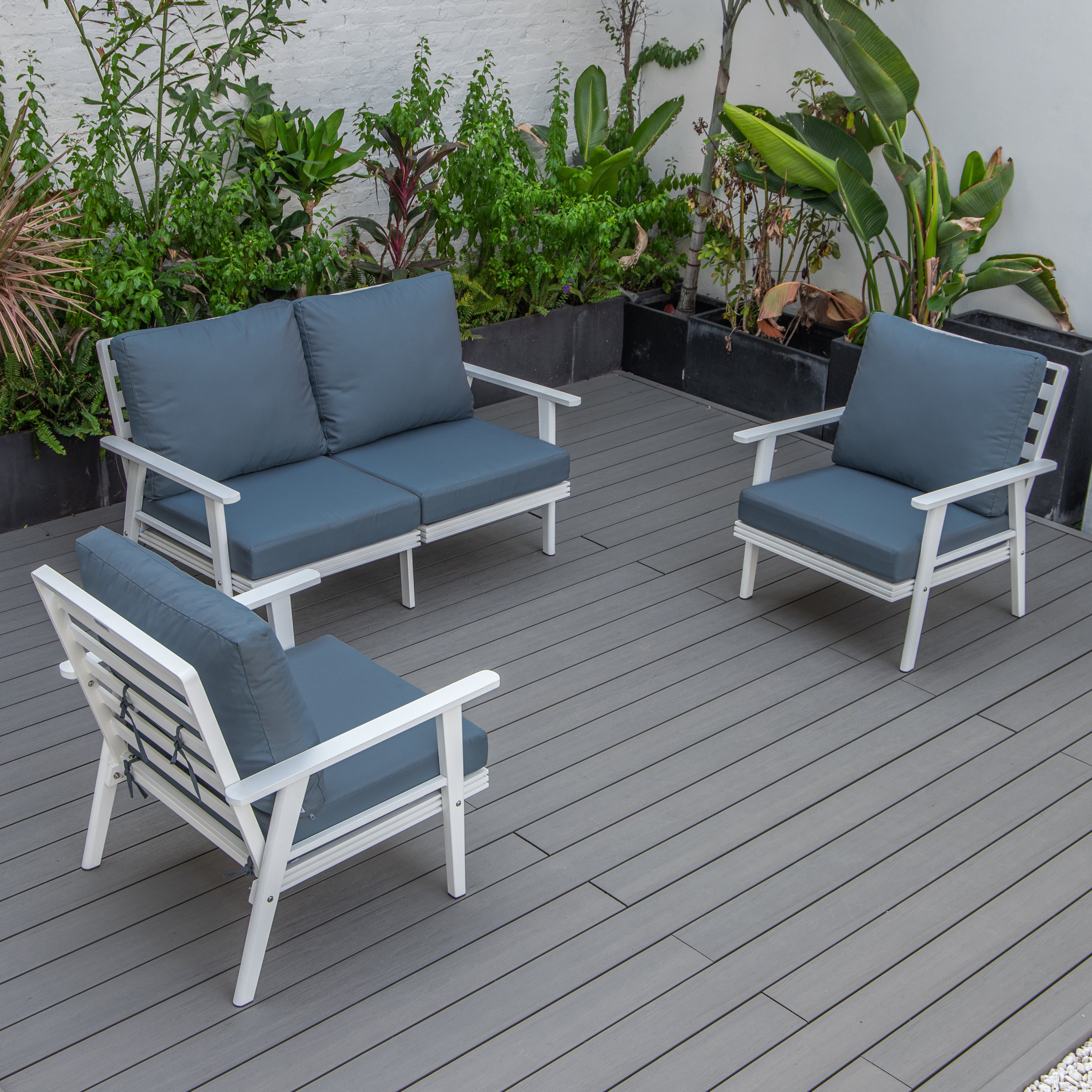 Walbrooke Modern 3-Piece Outdoor Patio Set with White Aluminum Frame and Removable Cushions Loveseat and Armchairs for Patio and Backyard Garden