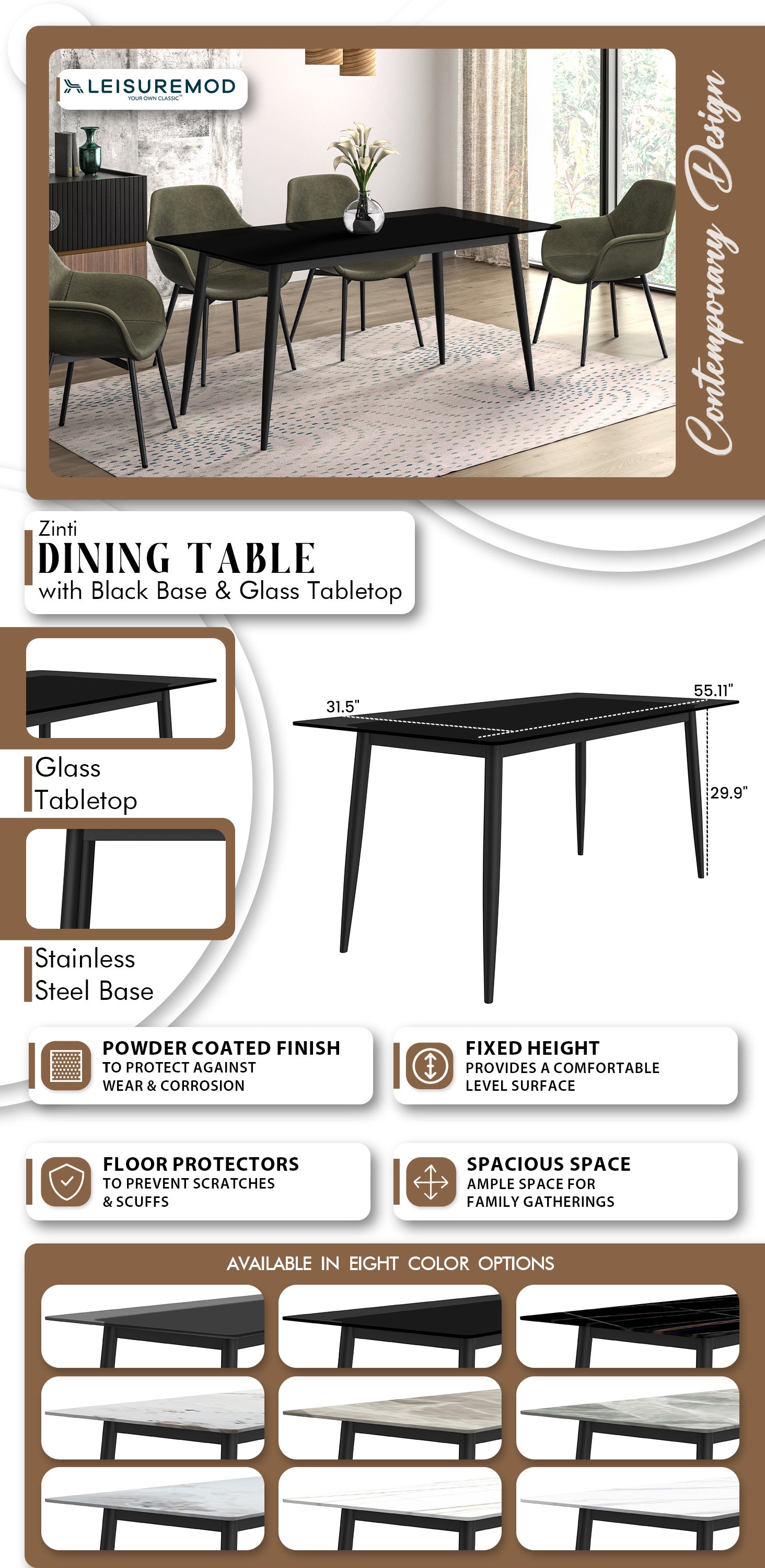 Zinti Series Modern Dining Table Bronze Base, With 71" Black Glass Top