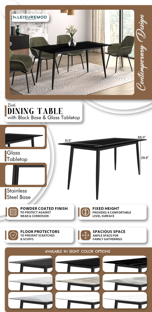 Zinti Series Modern Dining Table Bronze Base, With 71" Black Glass Top