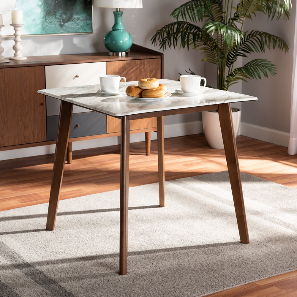 Kaylee Mid-Century Modern Transitional Walnut Brown Finished Wood Dining Table with Faux Marble Tabletop