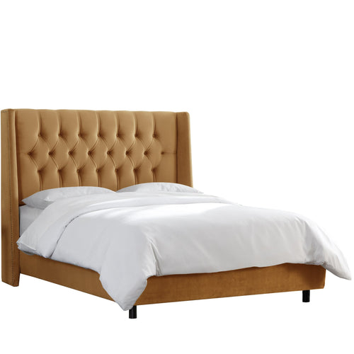Camellia Mystere Moccasin Nail Button Tufted Queen Wingback Bed - living-essentials