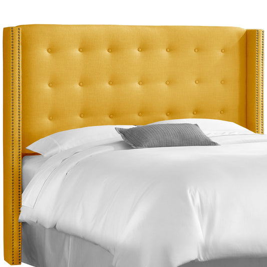 Cadence Linen French Yellow Nail Button Tufted Wingback Queen Headboard - living-essentials