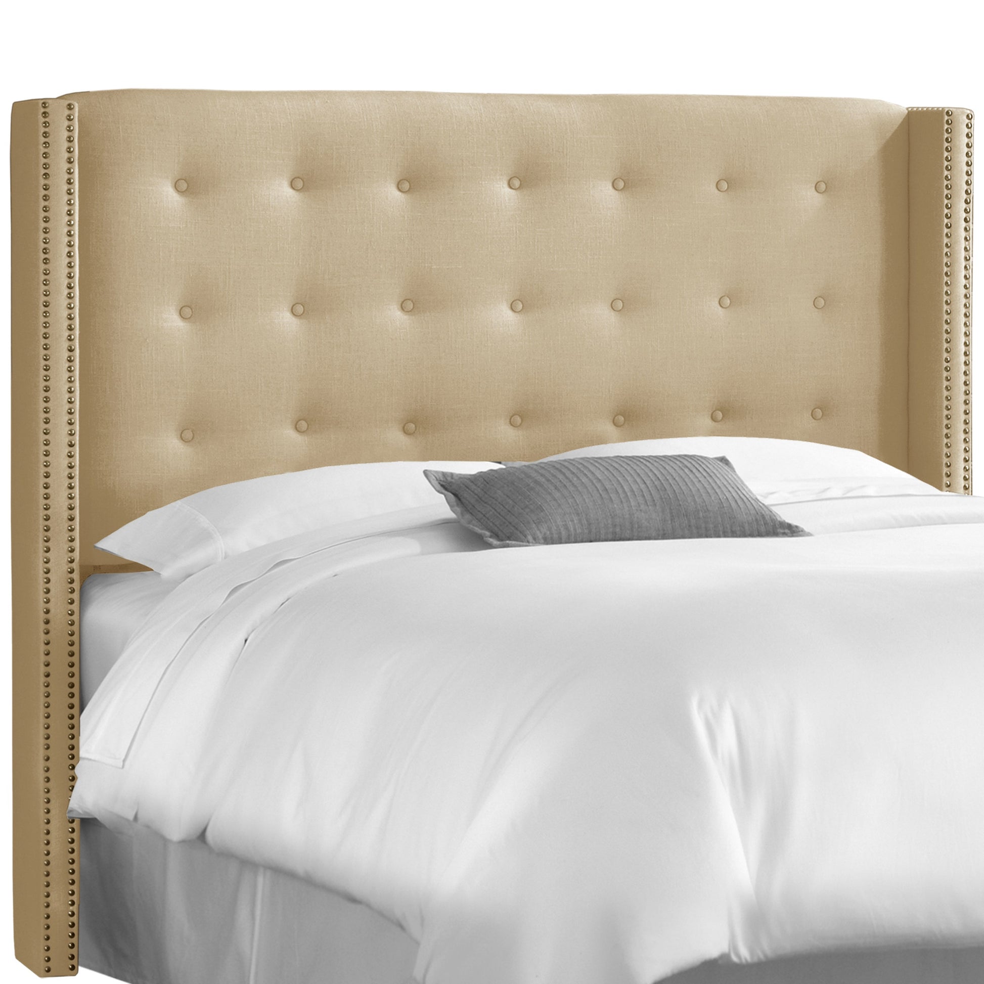 Morgan Linen Sandstone Nail Button Tufted Wingback Full Headboard - living-essentials