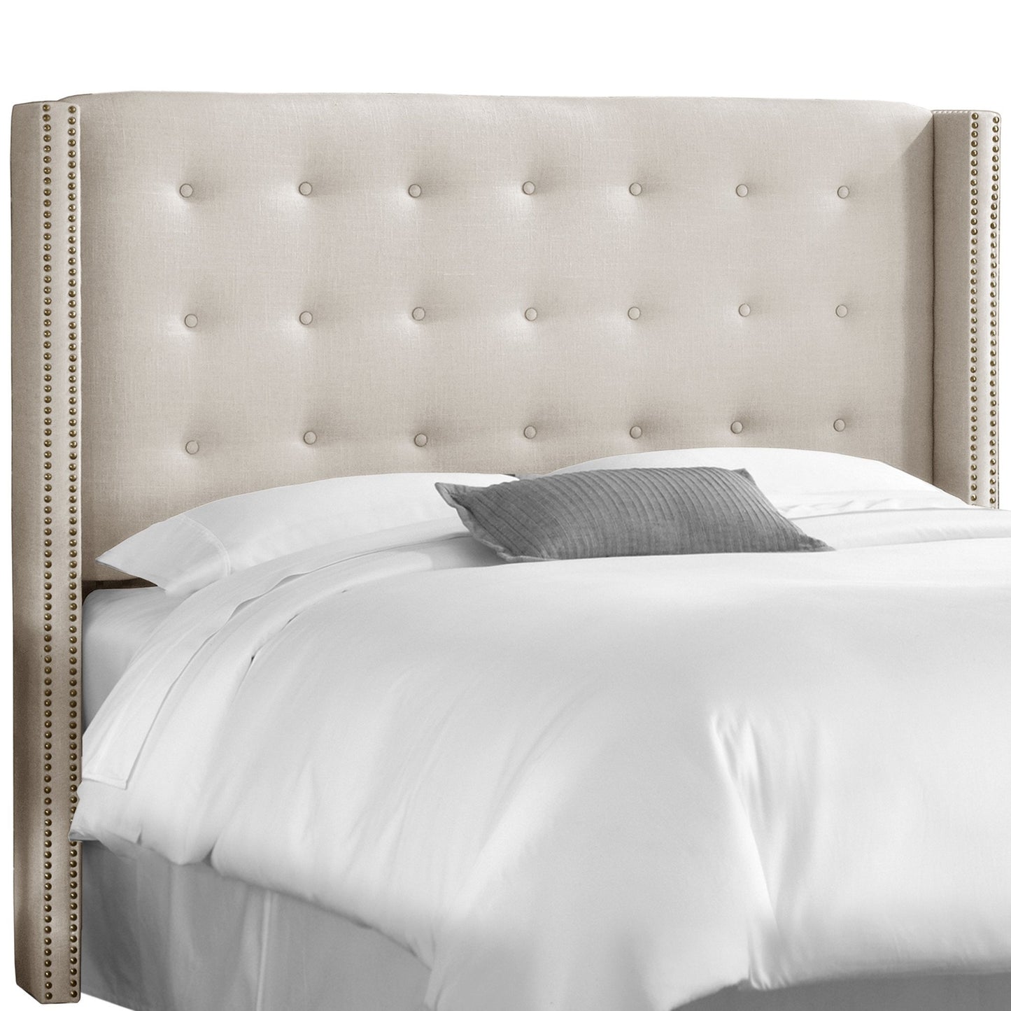 Camilla Linen Talc Nail Button Tufted Wingback Queen Headboard - living-essentials