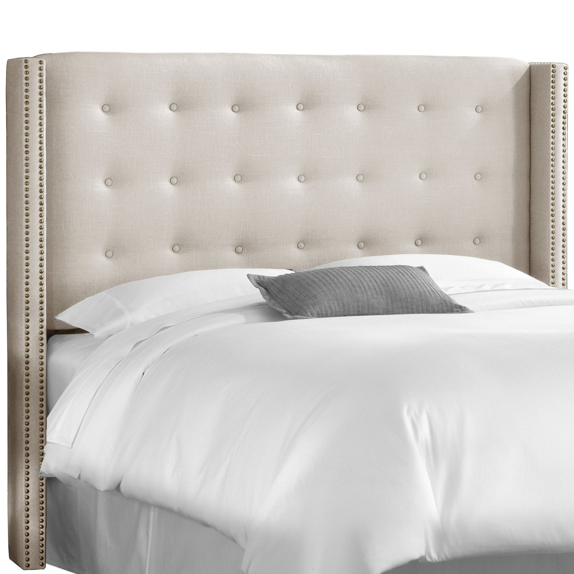 Camilla Linen Talc Nail Button Tufted Wingback Queen Headboard - living-essentials