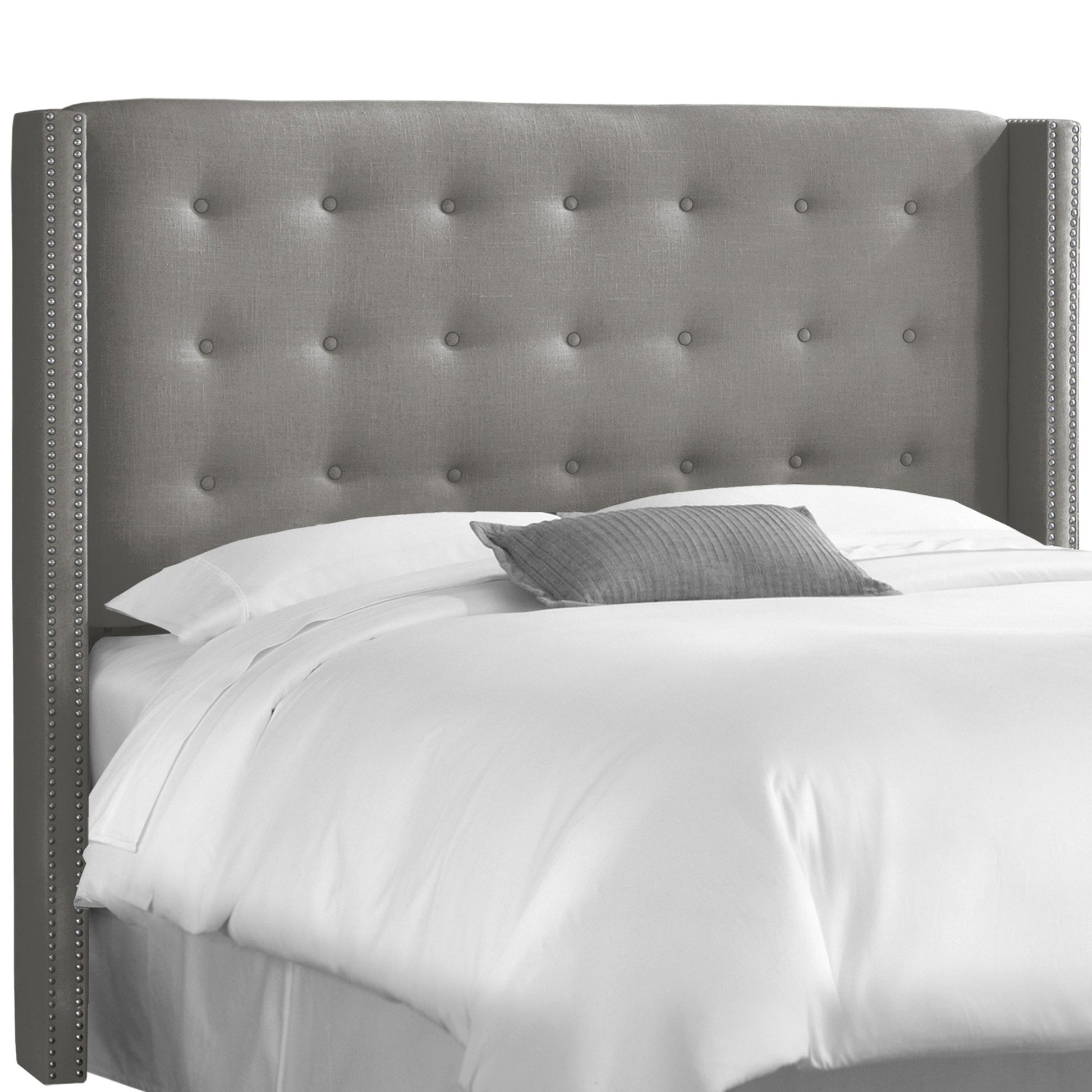 Skylar Linen Grey Nail Button Tufted Queen Wingback Headboard - living-essentials