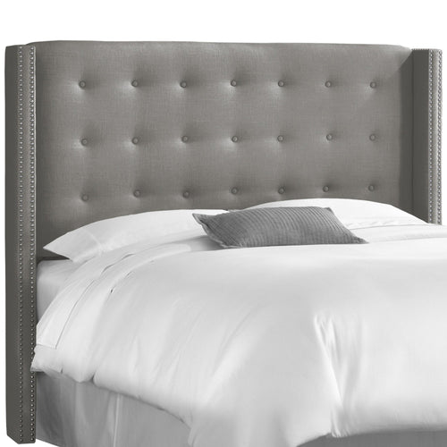 Skylar Linen Grey Nail Button Tufted Queen Wingback Headboard - living-essentials