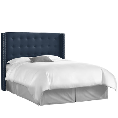 Lilith Linen Navy Nail Button Tufted Wingback California King Headboard - living-essentials