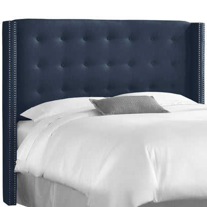 Lilith Linen Navy Nail Button Tufted Wingback California King Headboard - living-essentials