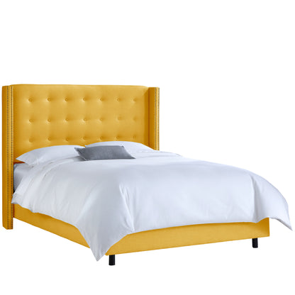 Maisie Linen French Yellow Nail Button Tufted Wingback Queen Bed - living-essentials