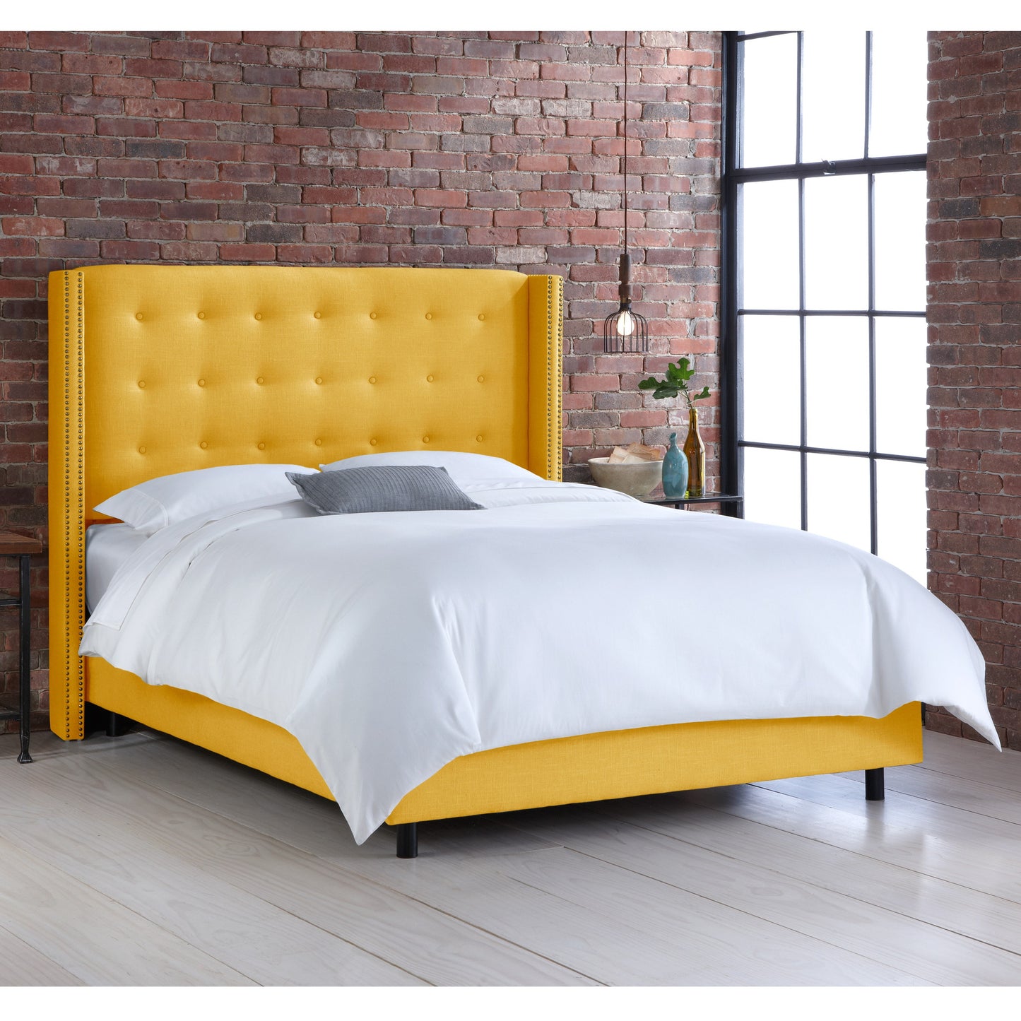 Maisie Linen French Yellow Nail Button Tufted Wingback California King Bed - living-essentials
