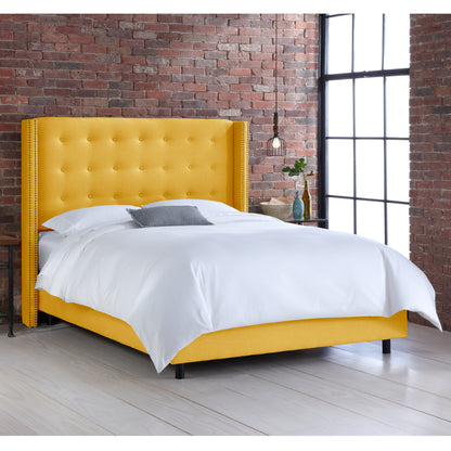 Maisie Linen French Yellow Nail Button Tufted Wingback Full Bed - living-essentials