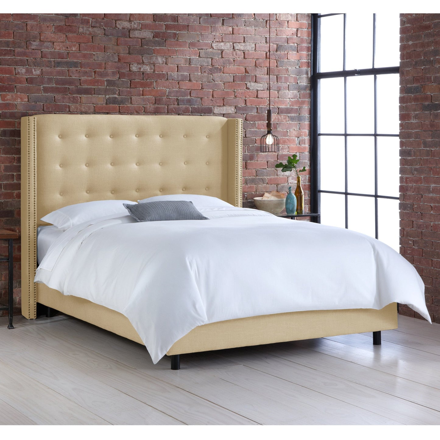 Adley Linen Sandstone Nail Button Tufted Wingback California King Bed - living-essentials