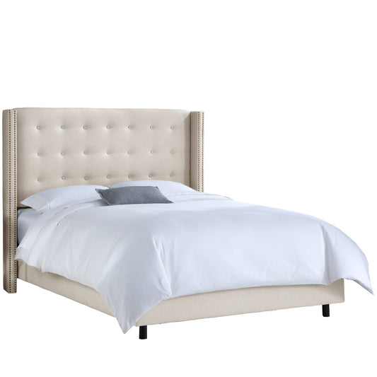 Zola Linen Talc Nail Button Tufted Wingback King Bed - living-essentials