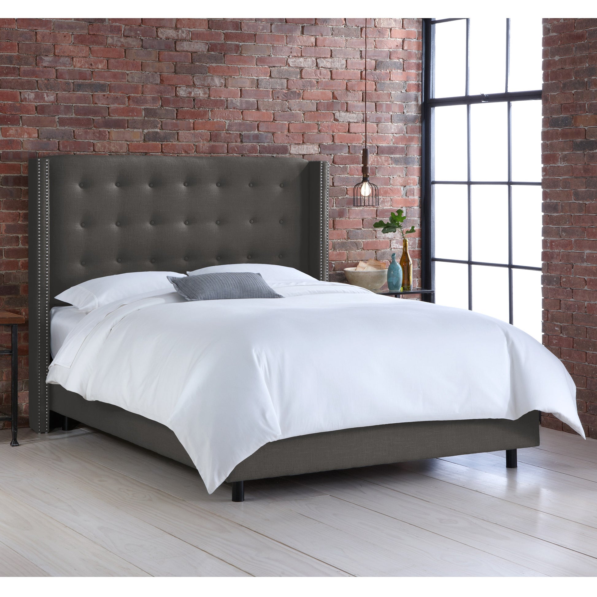 Billie Linen Charcoal Nail Button Tufted Wingback King Bed - living-essentials