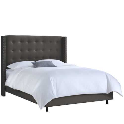 Billie Linen Charcoal Nail Button Tufted Wingback King Bed - living-essentials