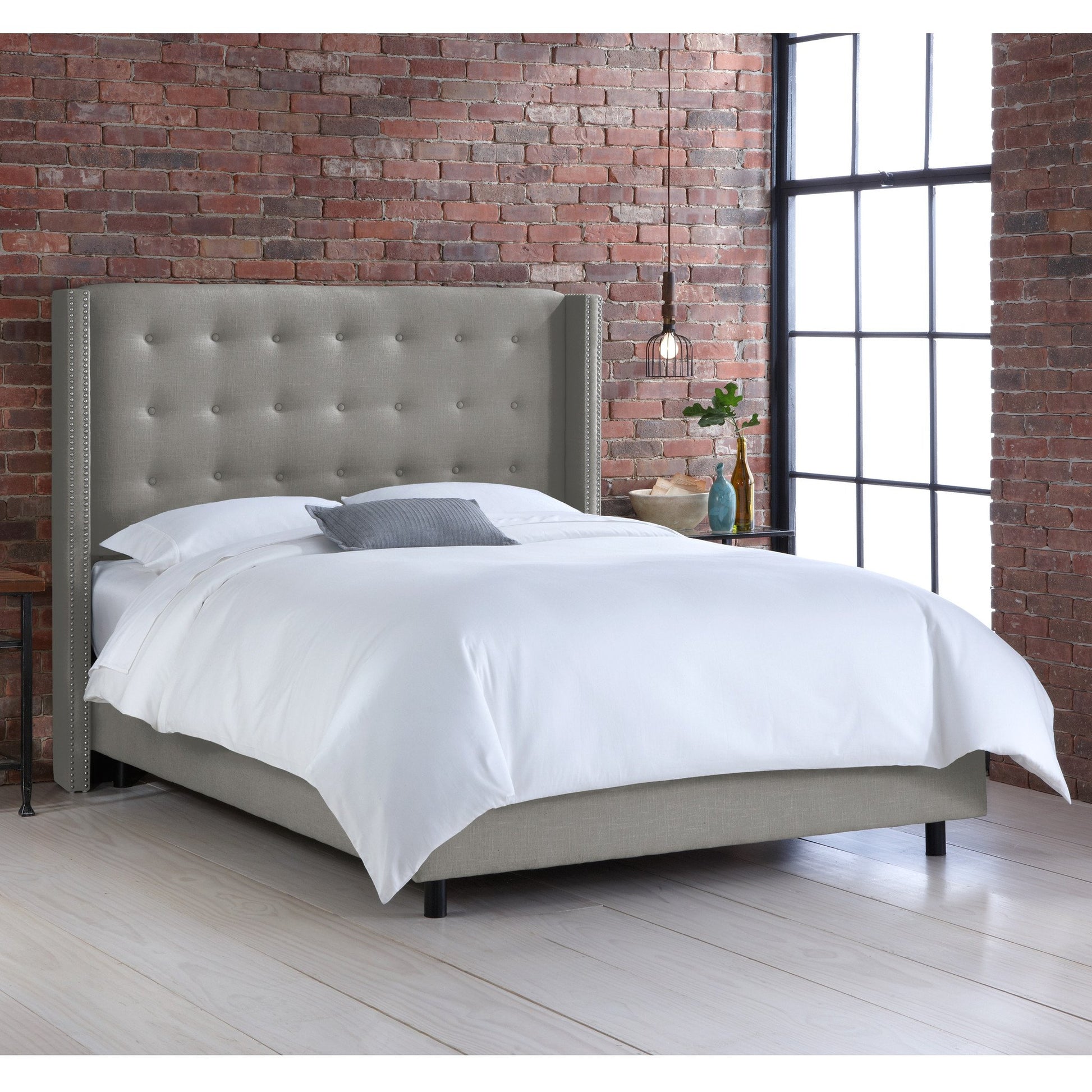 Saffron Linen Grey Nail Button Tufted Wingback California King Bed - living-essentials