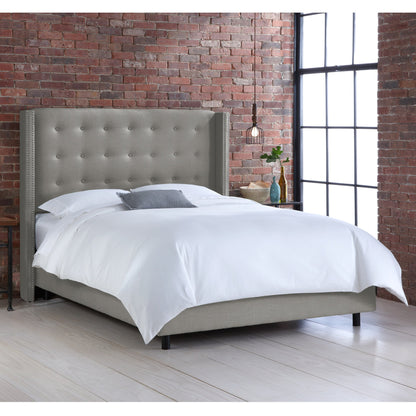 Saffron Linen Grey Nail Button Tufted Wingback California King Bed - living-essentials