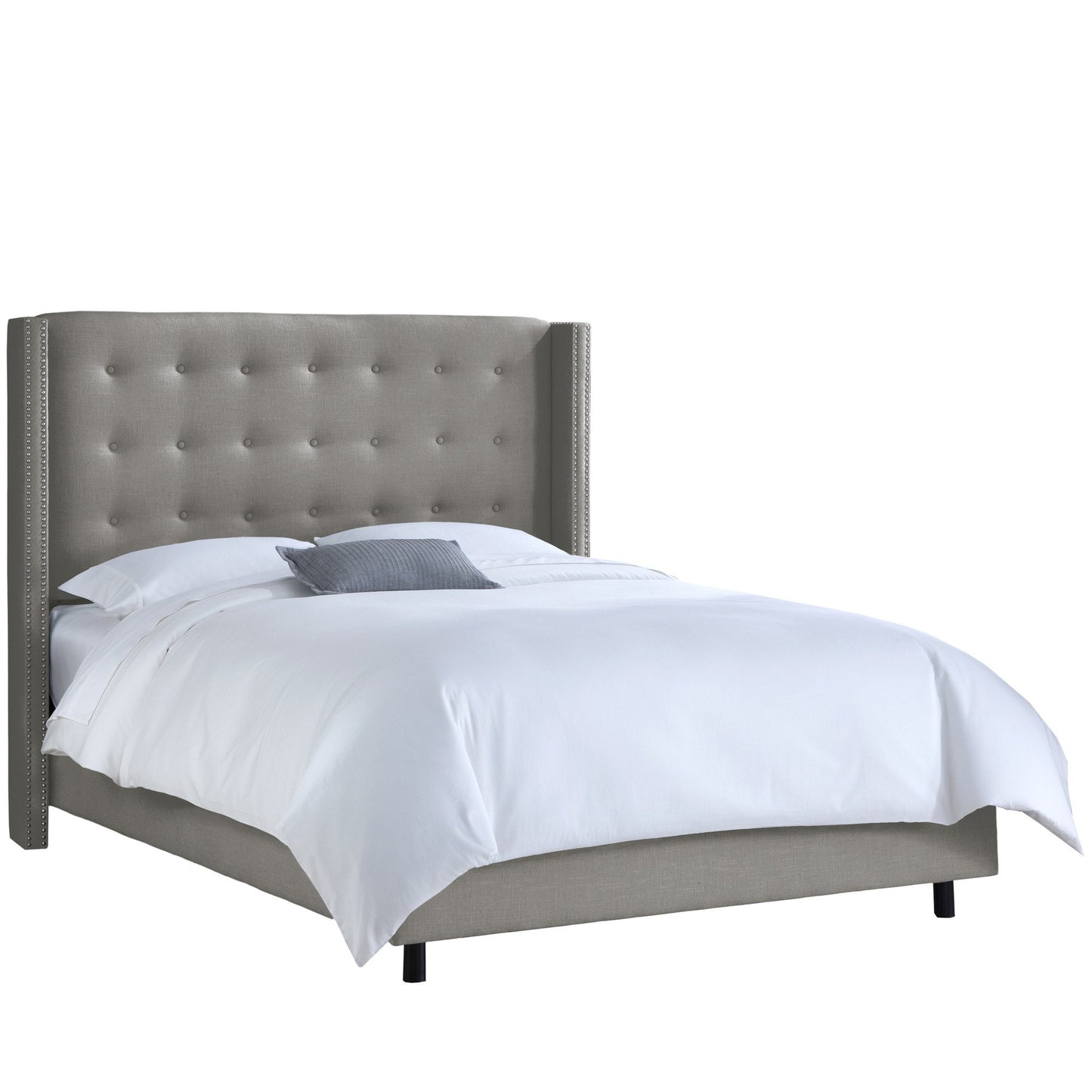 Saffron Linen Grey Nail Button Tufted Wingback California King Bed - living-essentials