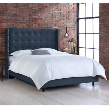 Fifi Linen Navy Nail Button Tufted Wingback California King Bed - living-essentials