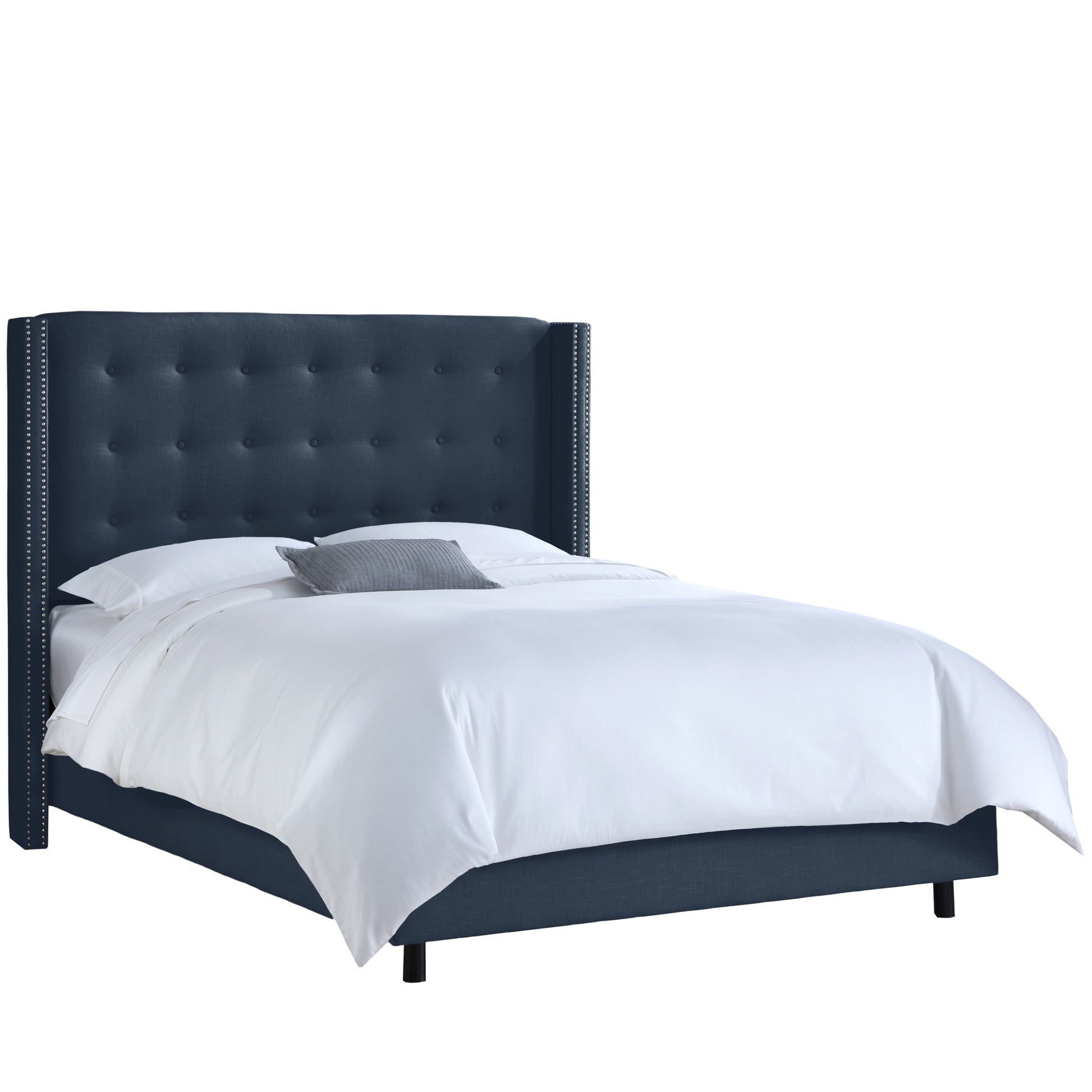Fifi Linen Navy Nail Button Tufted Wingback California King Bed - living-essentials