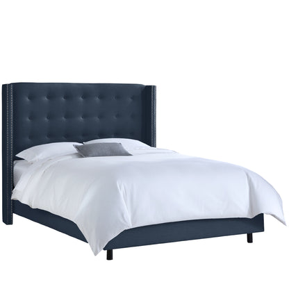 Fifi Linen Navy Nail Button Tufted Wingback California King Bed - living-essentials