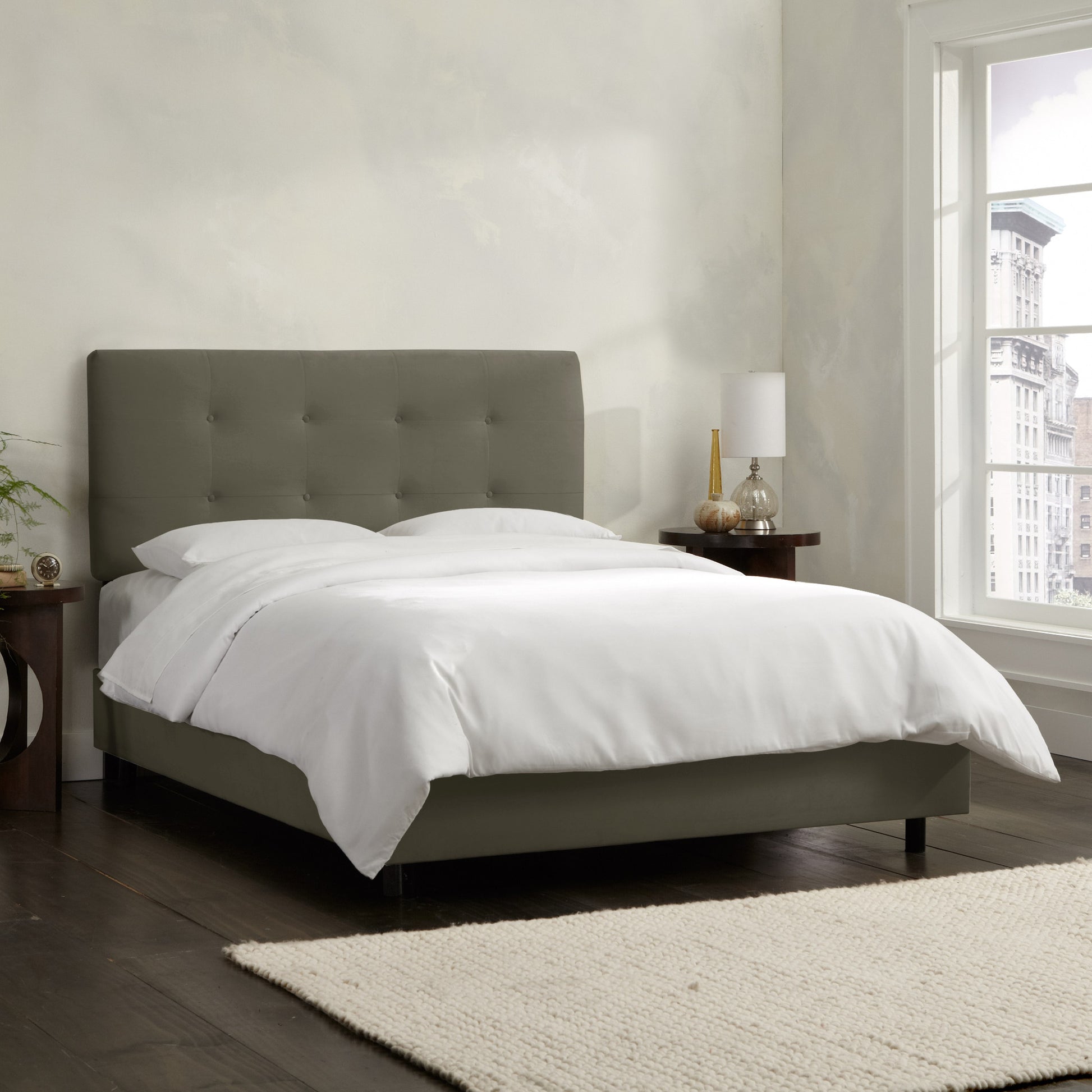 Gaia Velvet Pewter Tufted Queen Bed - living-essentials