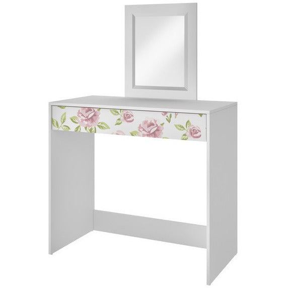 Victoria 35.43in. Vanity with Mirror in White and Floral Stamp - living-essentials