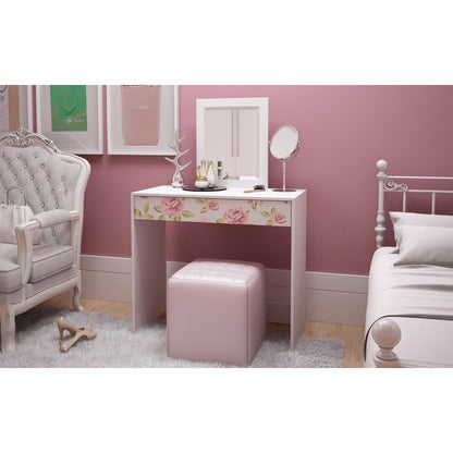Victoria 35.43in. Vanity with Mirror in White and Floral Stamp - living-essentials