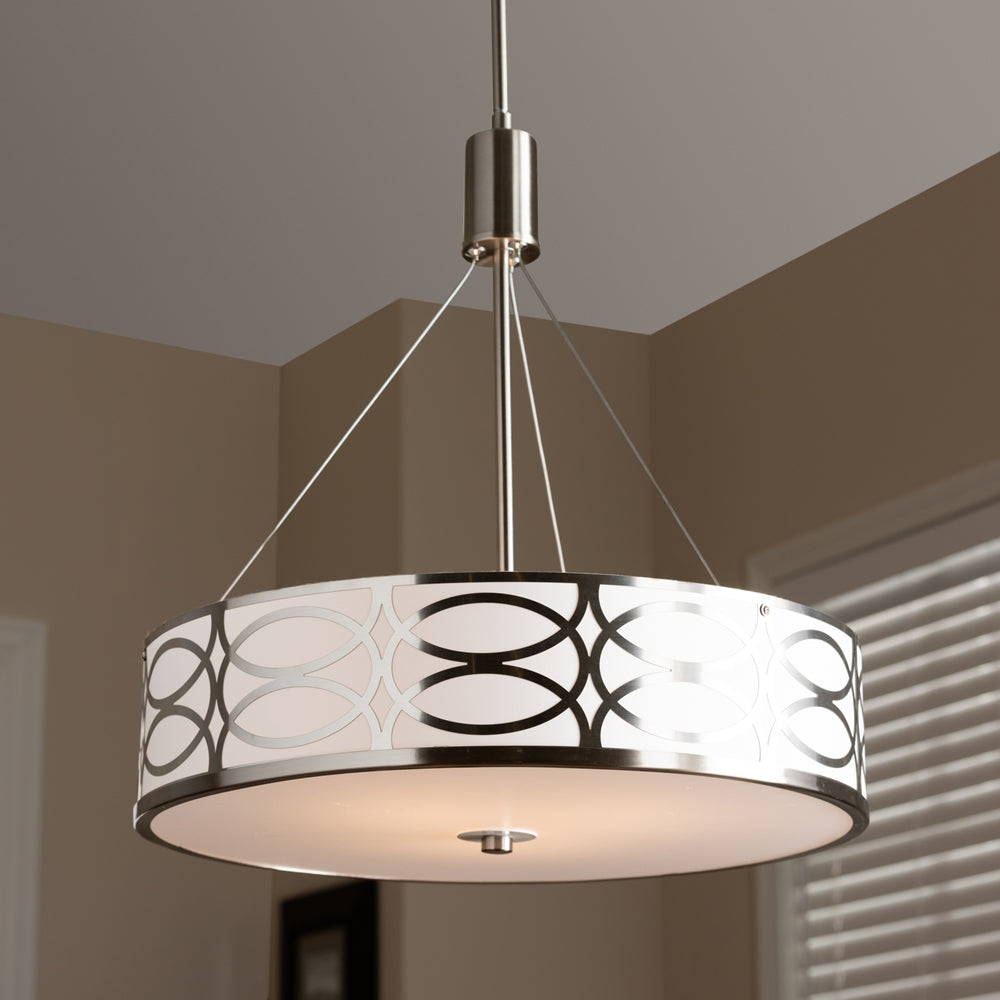 Mila White Fabric And Brush Nickle Metal Drum Pendant Light - living-essentials