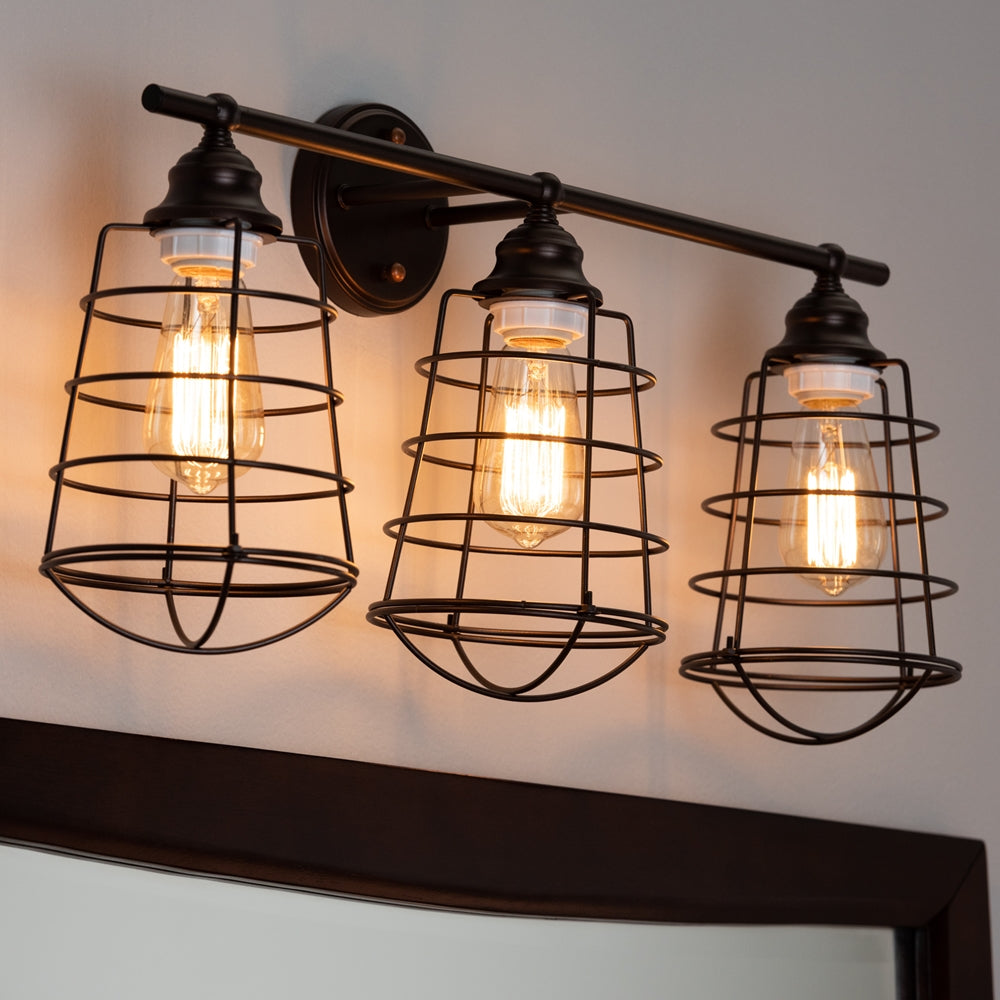 Levi Vintage Industrial Dark Bronze Metal 3-Light Cage Wall Sconce Lamp - living-essentials