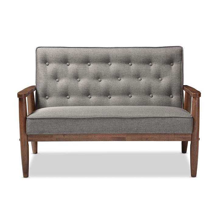 Valtarra Mid-Century Retro Modern Grey Fabric Upholstered Wooden 2-Seater Loveseat