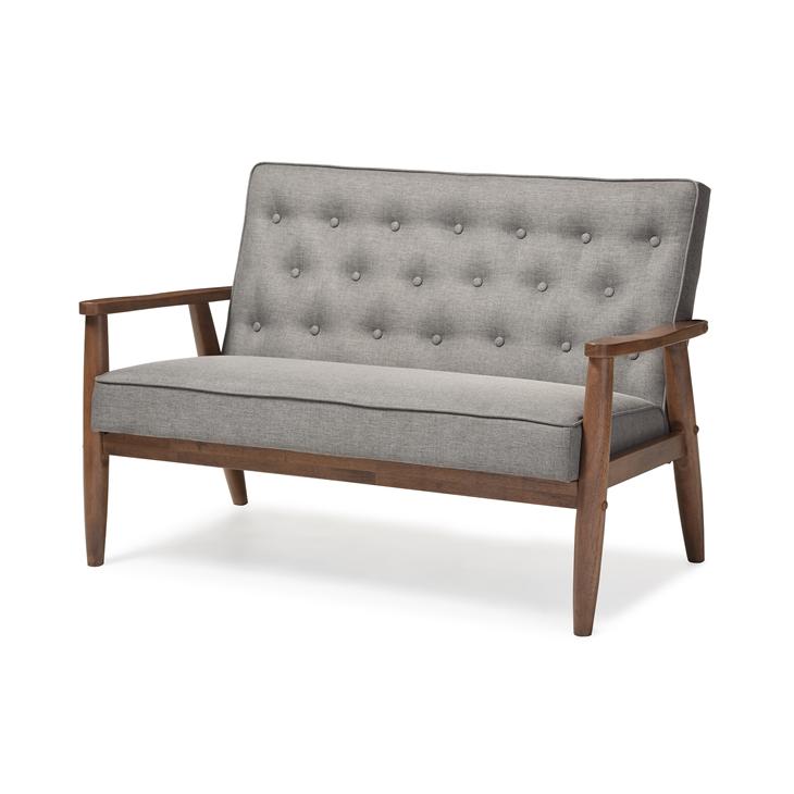 Valtarra Mid-Century Retro Modern Grey Fabric Upholstered Wooden 2-Seater Loveseat