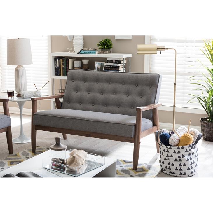 Valtarra Mid-Century Retro Modern Grey Fabric Upholstered Wooden 2-Seater Loveseat