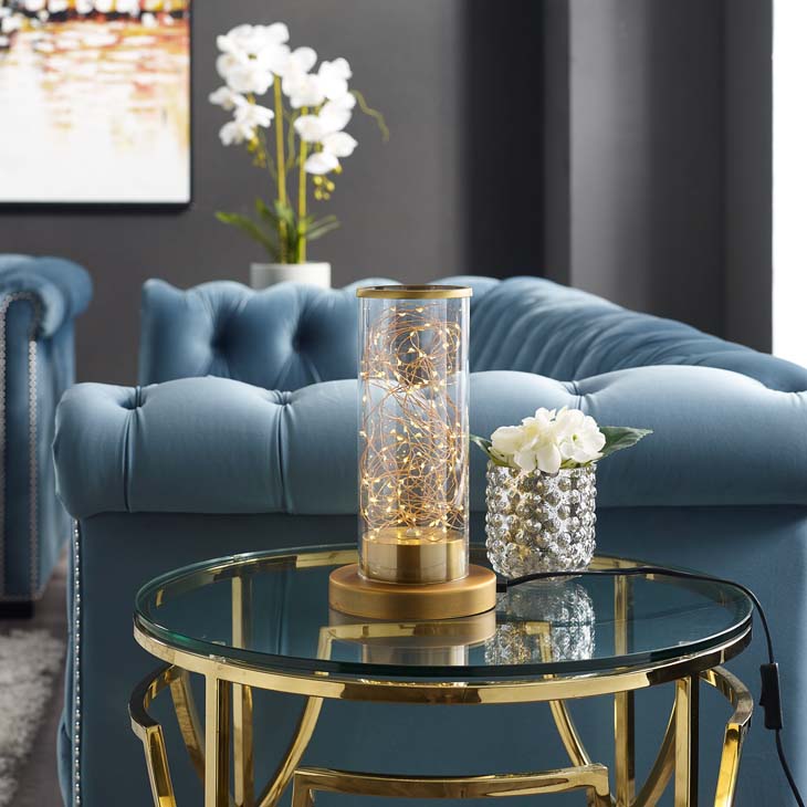 Adore Cylindrical-Shaped Clear Glass and Brass Table Lamp - living-essentials
