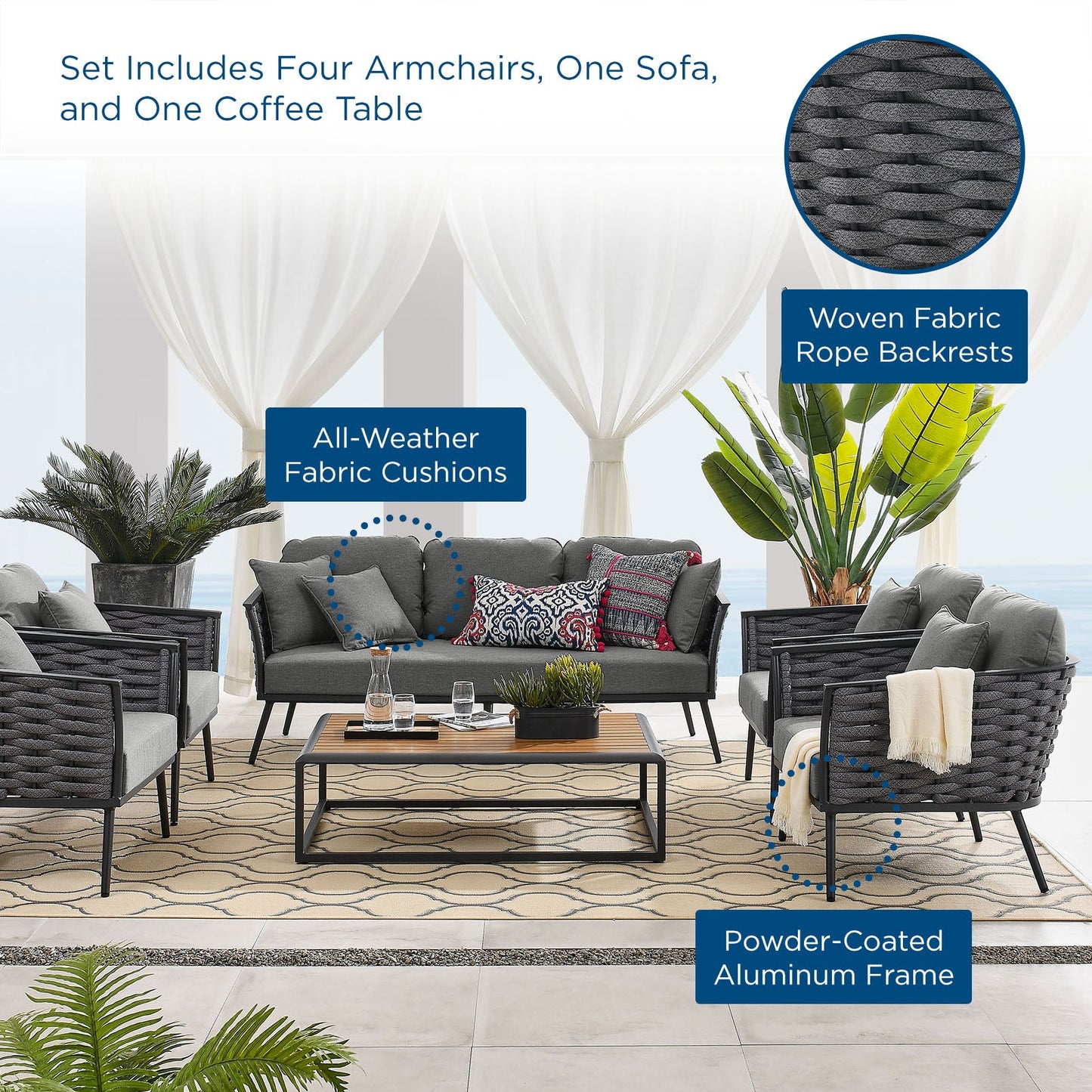 Sahira 6 Piece Outdoor Patio Aluminum Sectional Sofa Set