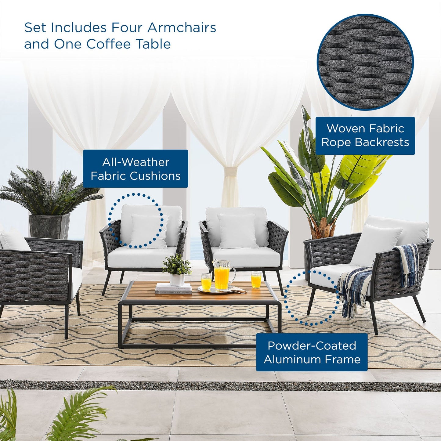 Sahira 5 Piece Outdoor Patio Aluminum Sectional Sofa Set