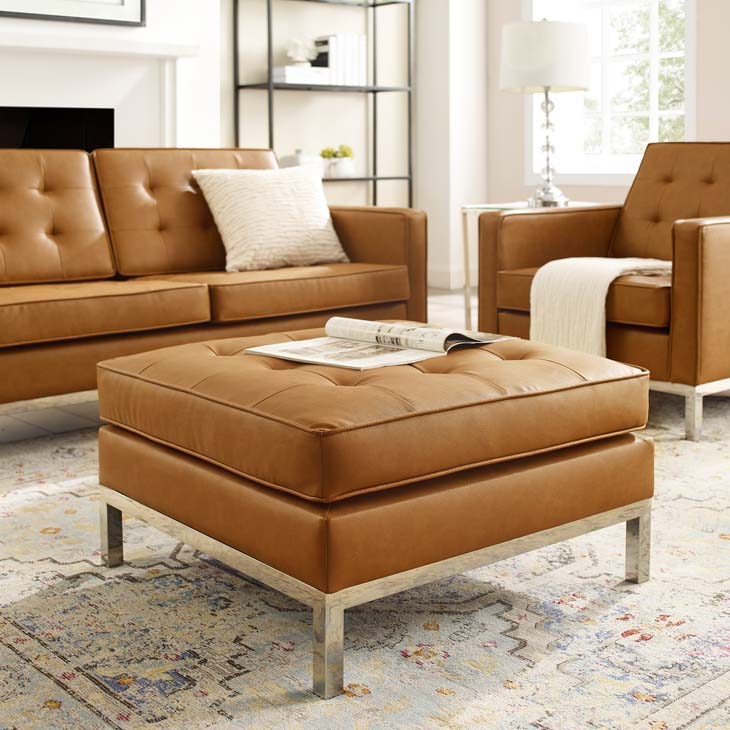 Knoll Style Tufted Leather Ottoman in Tan - living-essentials