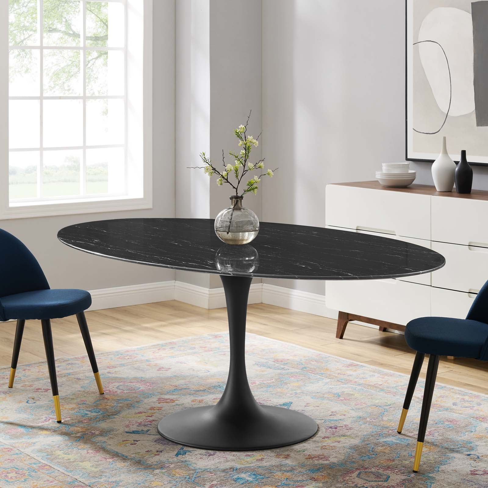 Tulip Style 78" Black Oval Artificial Marble Dining Table