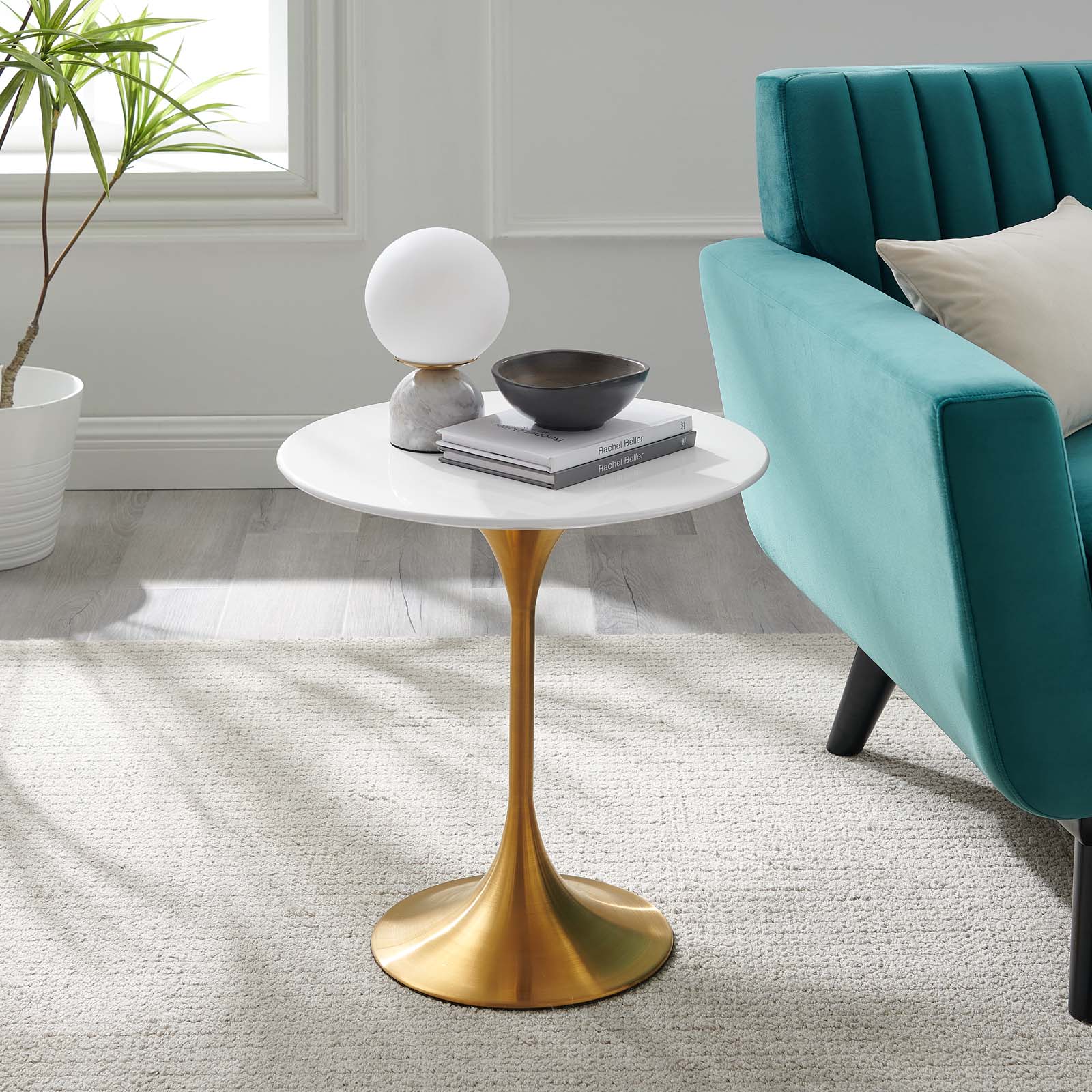 Tulip Style 20" Round Side Table - White & Gold Base