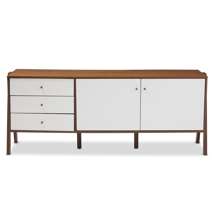 Bree Mid-Century Modern Scandinavian Style White and Walnut Wood Sideboard Storage Cabinet
