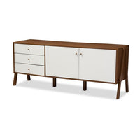 Bree Mid-Century Modern Scandinavian Style White and Walnut Wood Sideboard Storage Cabinet