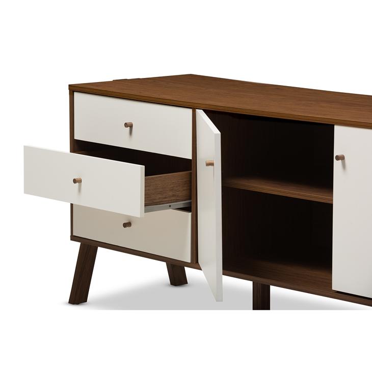 Bree Mid-Century Modern Scandinavian Style White and Walnut Wood Sideboard Storage Cabinet