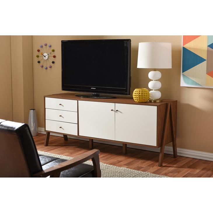 Bree Mid-Century Modern Scandinavian Style White and Walnut Wood Sideboard Storage Cabinet