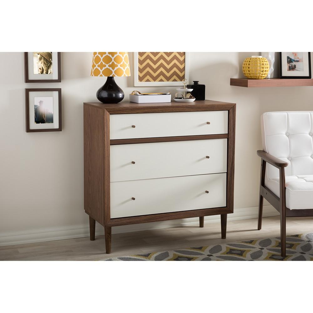 Harry Mid-Century White/Walnut 3-Drawer Chest - living-essentials